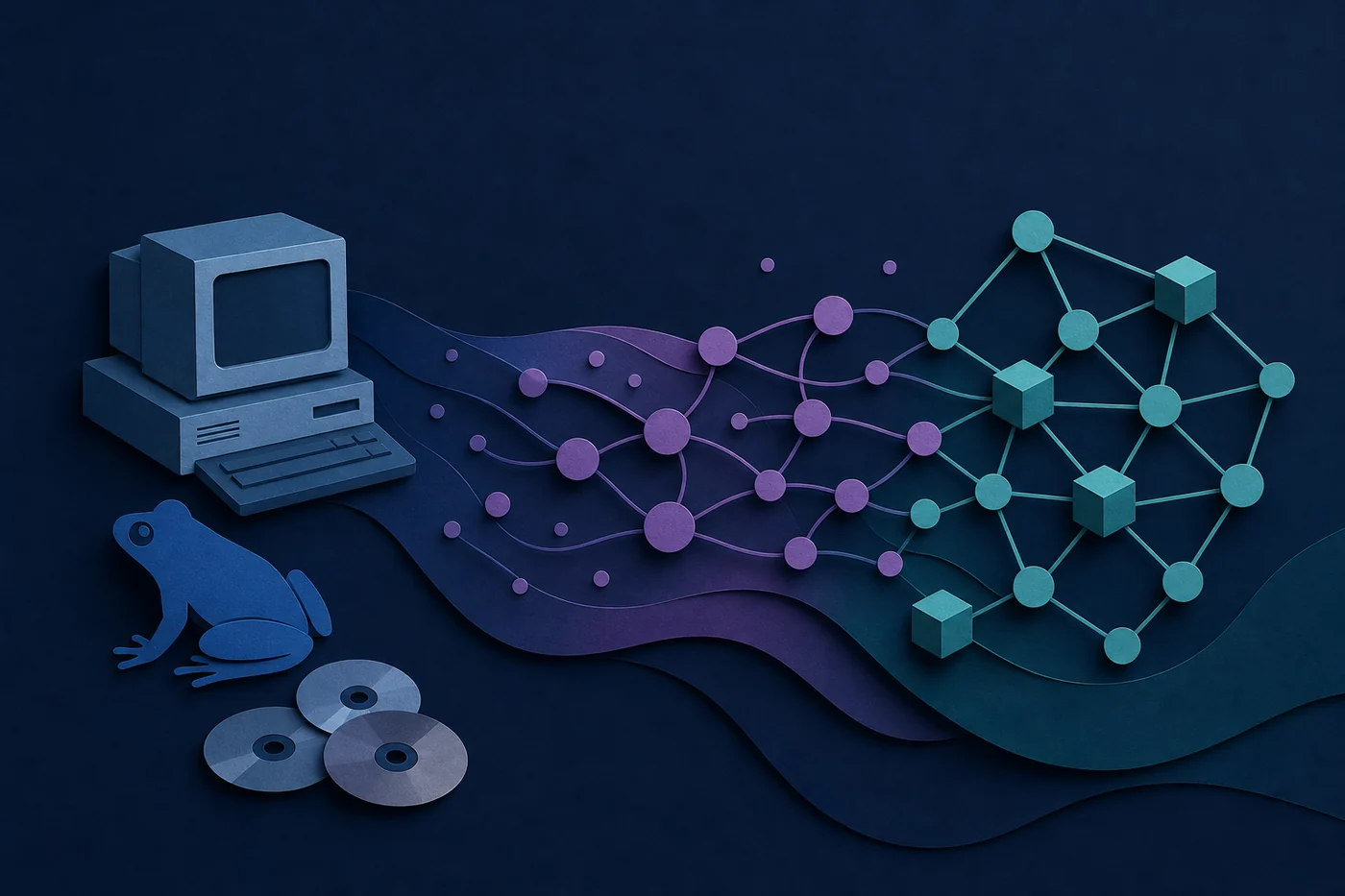 Editorial illustration showing an early desktop client evolving into a modern peer-to-peer network