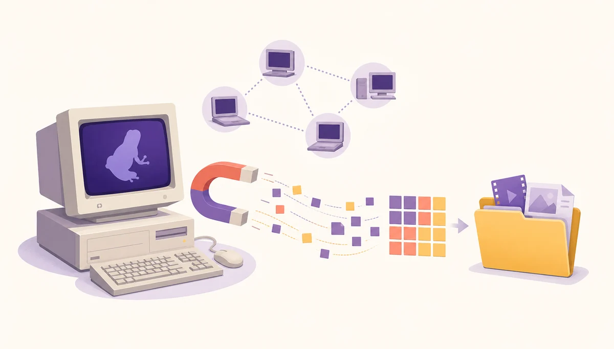 Independent editorial illustration of a legacy BitTorrent client connecting peers, file pieces and a local folder
