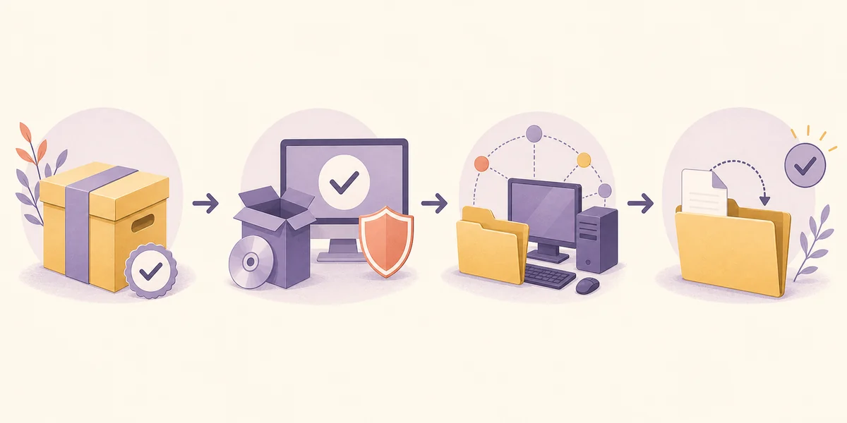 Independent editorial step flow from a verified archive through package checks to a controlled legal test