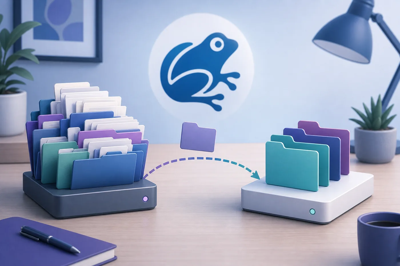 Editorial illustration of Vuze download folders moving from a crowded drive to an organized drive