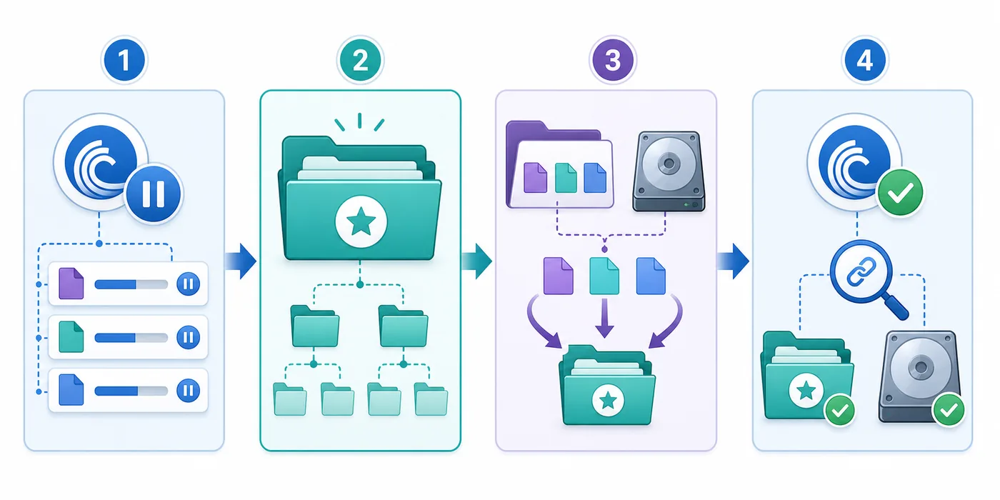 Four-step editorial diagram for pausing, choosing, moving and verifying Vuze download files