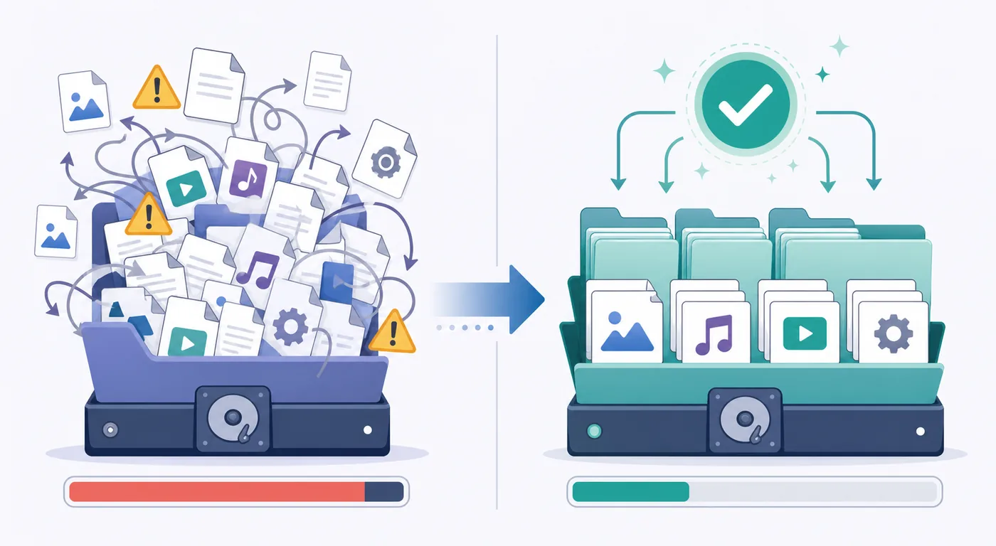 Editorial comparison of a crowded download drive and an organized Vuze storage drive