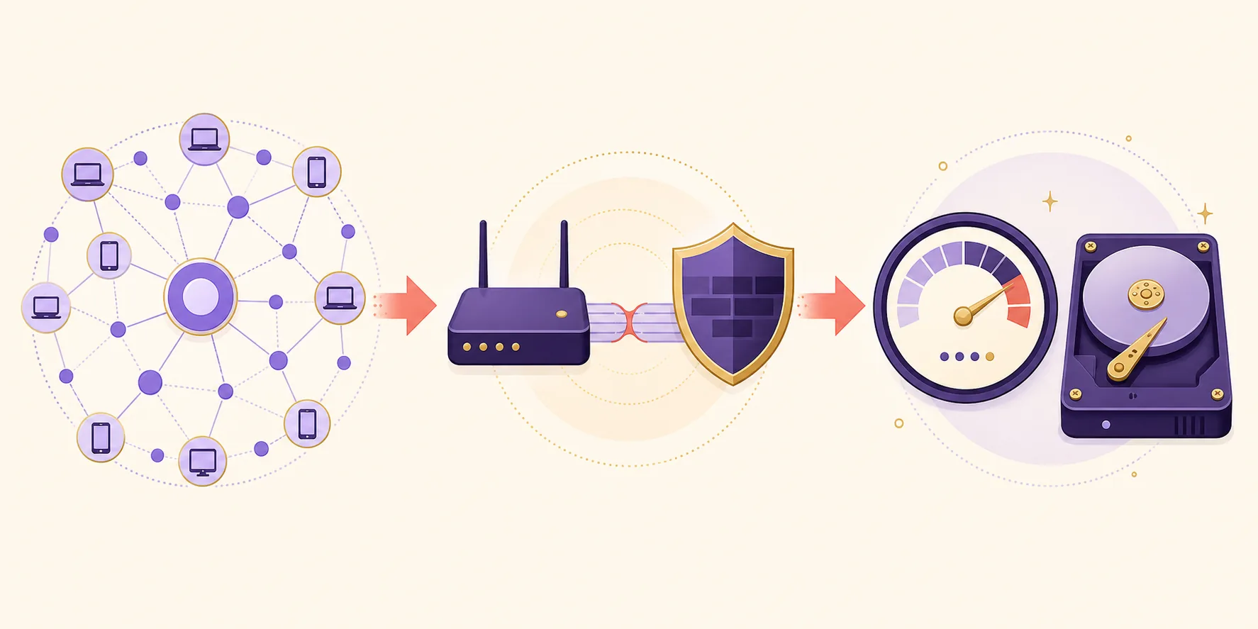 Editorial diagnostic diagram showing peers, a router, firewall, speed gauge and storage disk