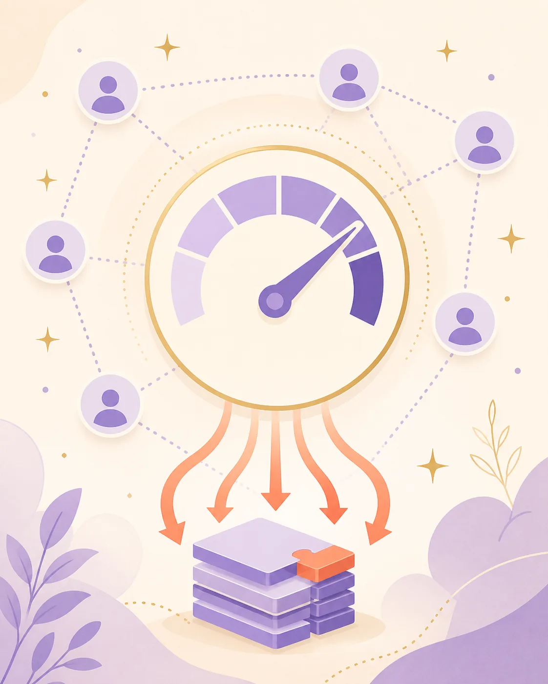 Editorial illustration of a Vuze download speed gauge connected to peer nodes and file pieces
