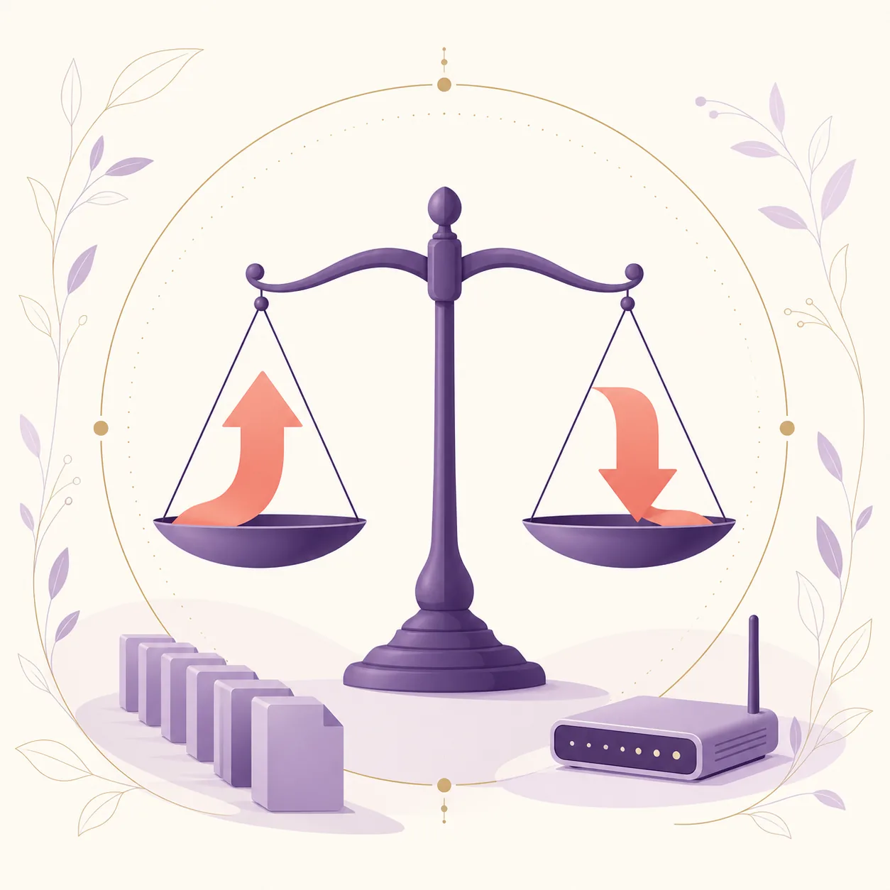 Editorial illustration of balanced upload and download arrows, a queue of file blocks and a router