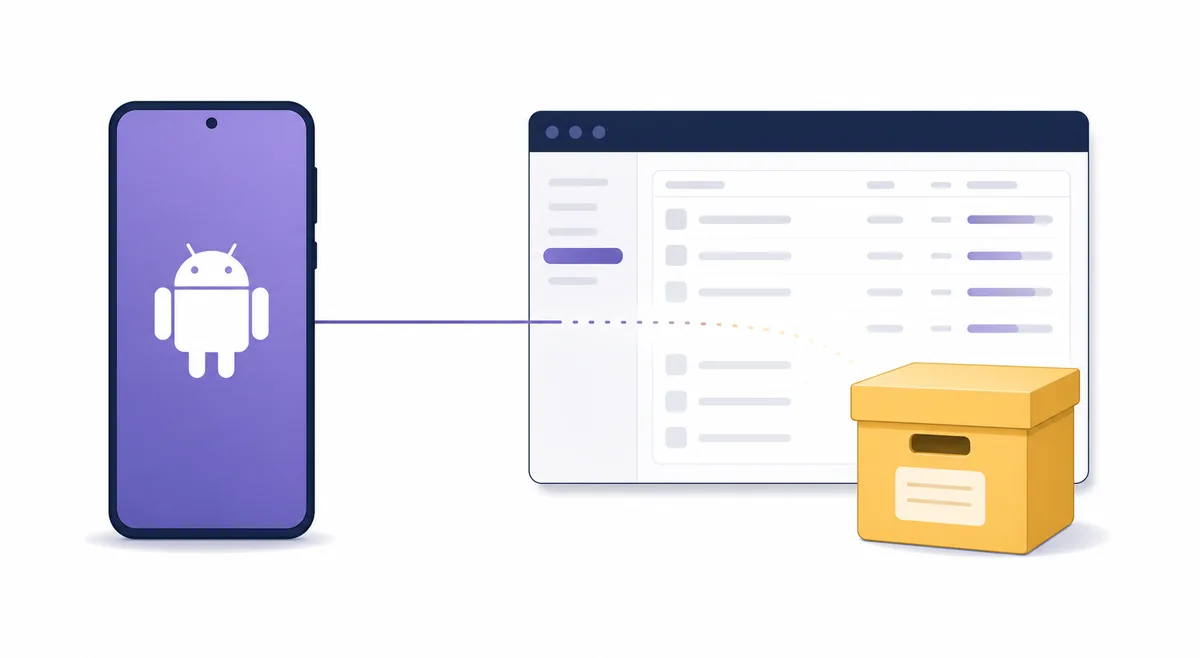 Independent editorial illustration of an Android phone connecting to a legacy desktop torrent client and an archive box