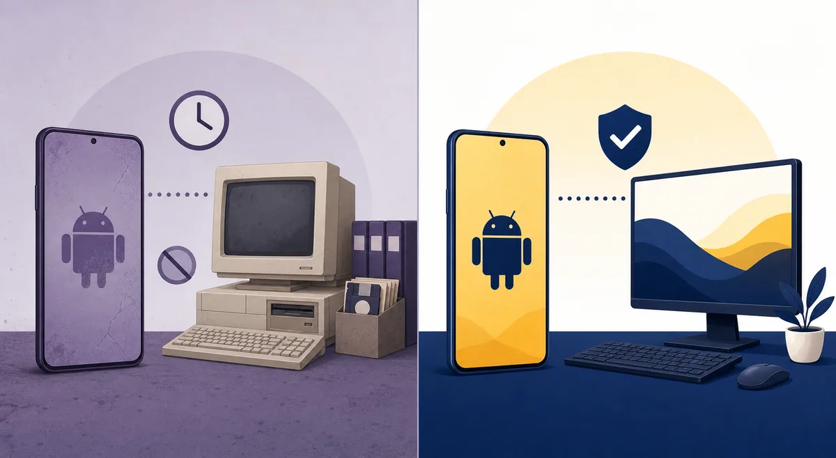 Editorial comparison of a faded legacy Android-to-desktop path and a maintained alternative path with a shield