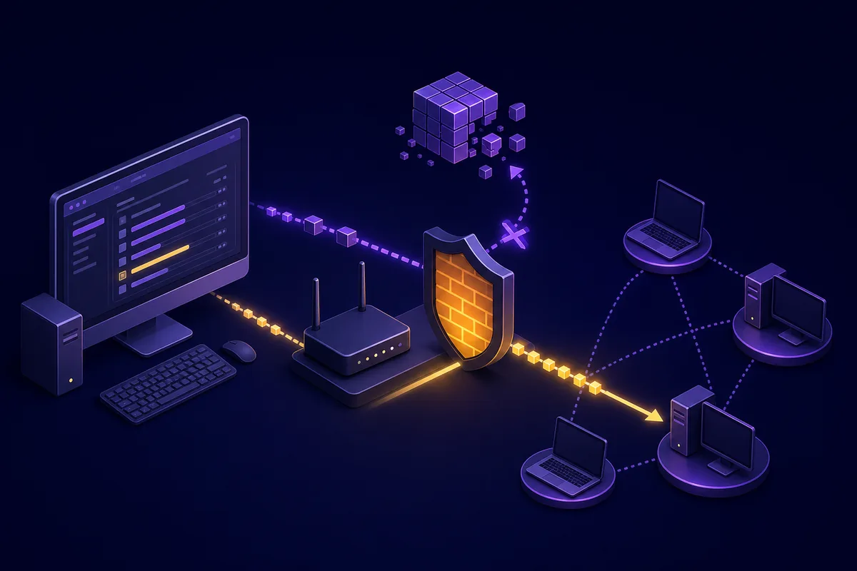 Troubleshooting diagram of a router firewall and peer network affecting a magnet download