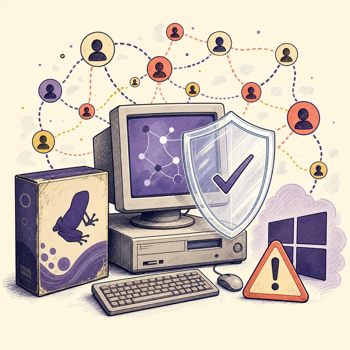 Editorial illustration of an older torrent computer protected by a shield while a warning symbol highlights legacy software risk