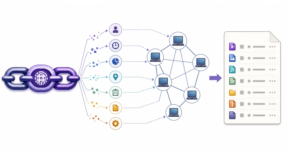 Conceptual diagram of a magnet identity branching into metadata clues, peers and a torrent file list