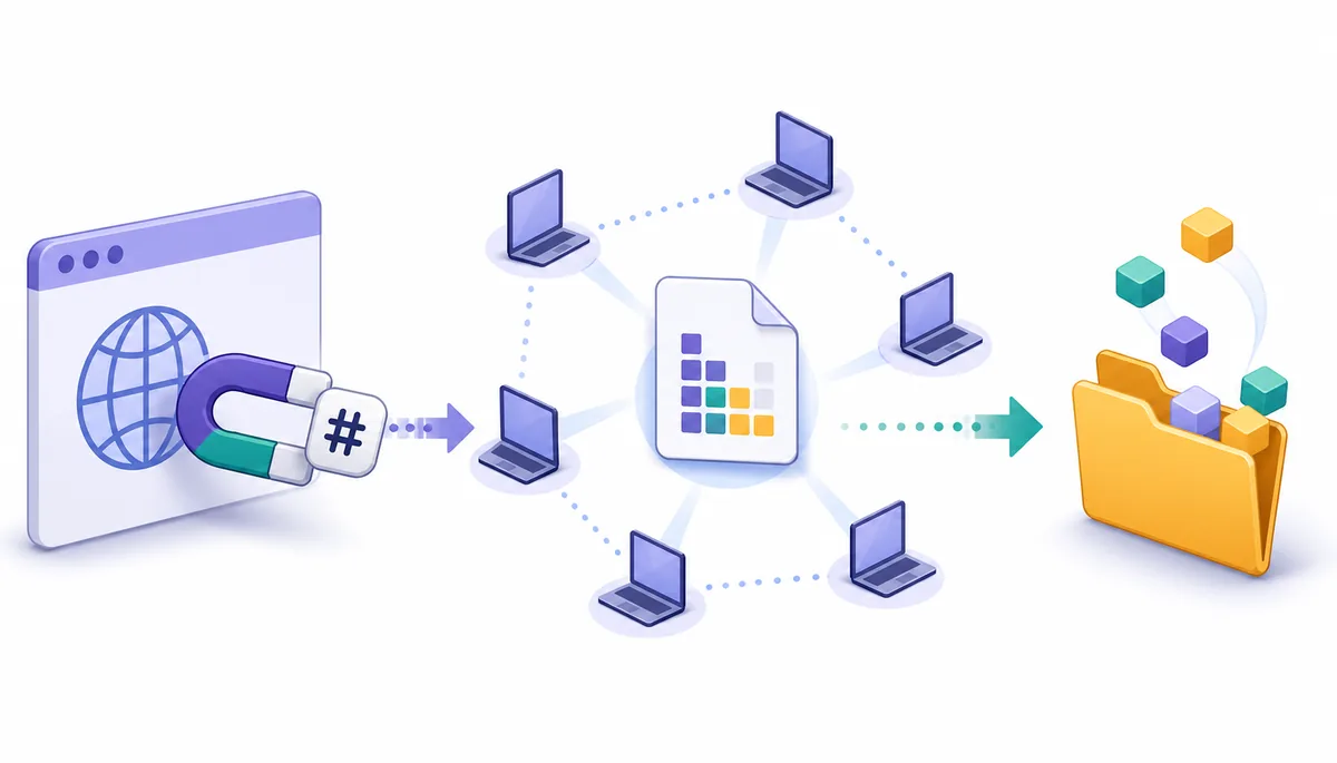 Independent editorial illustration of a magnet link identifying content, finding peers and producing a file list